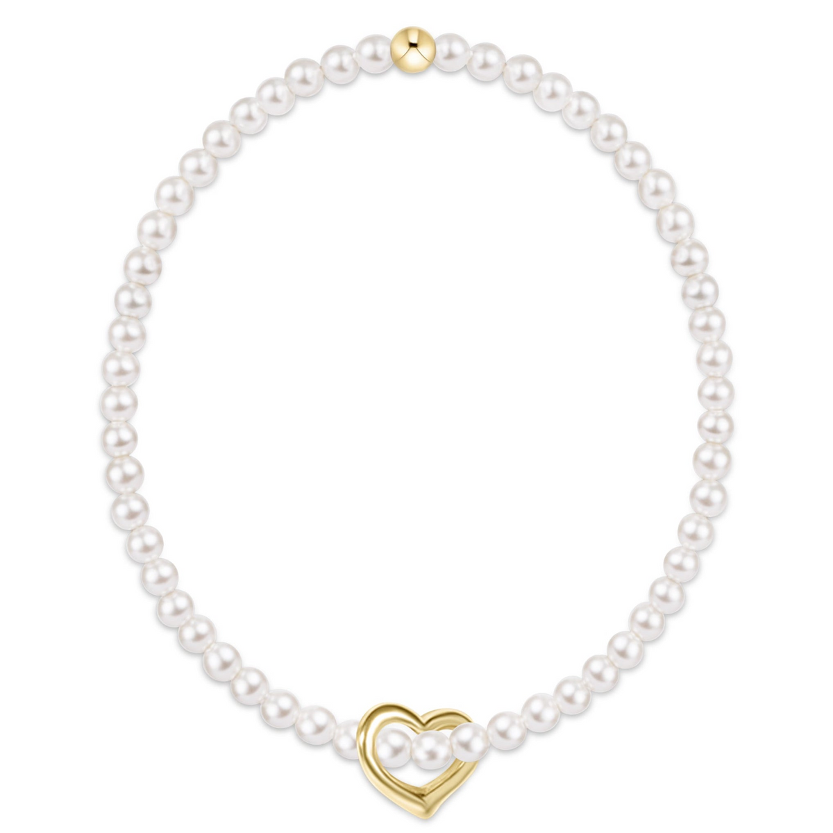 Classic 3mm white pearl stretch bracelet featuring a 14kt gold-filled open heart charm.