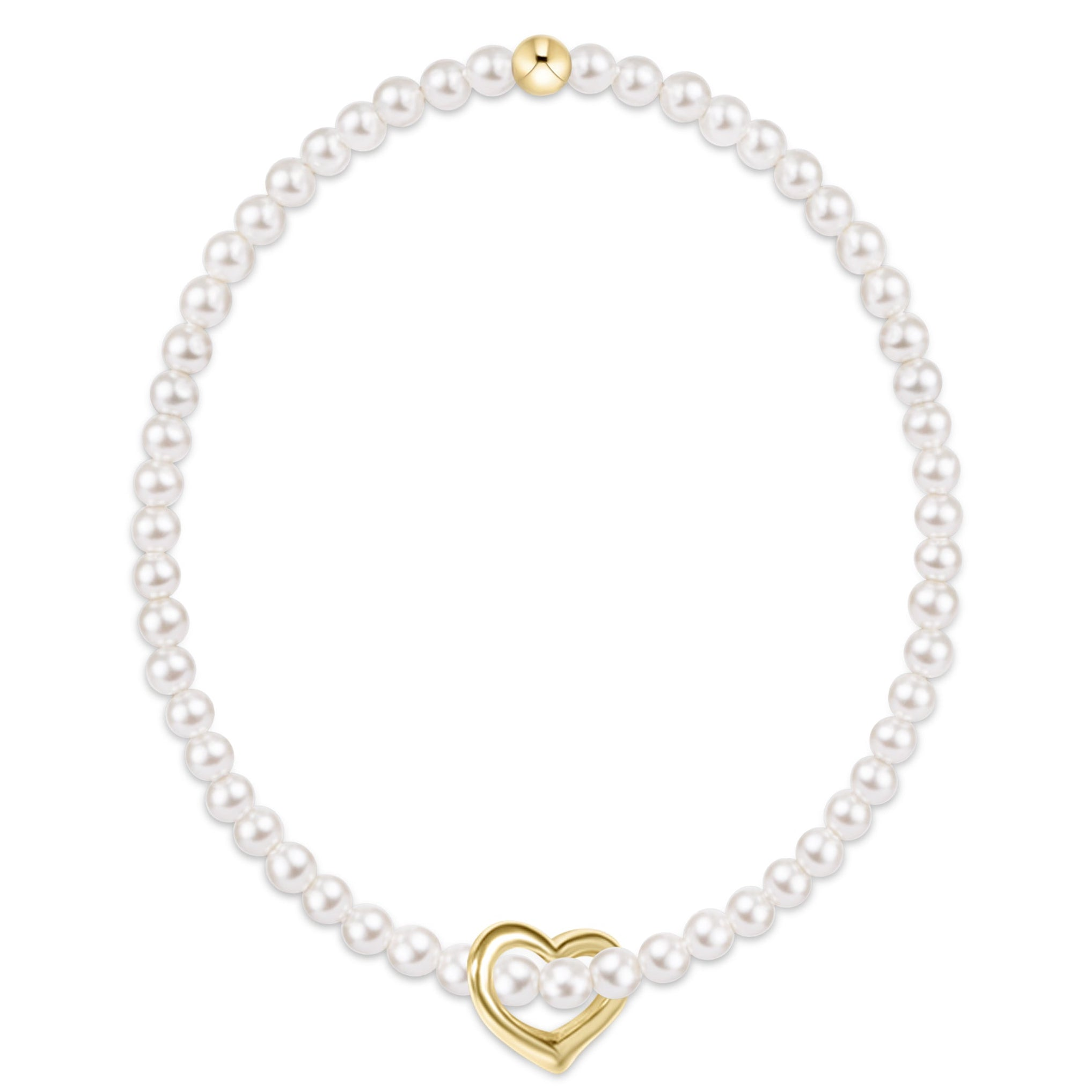 Classic 3mm white pearl stretch bracelet featuring a 14kt gold-filled open heart charm.