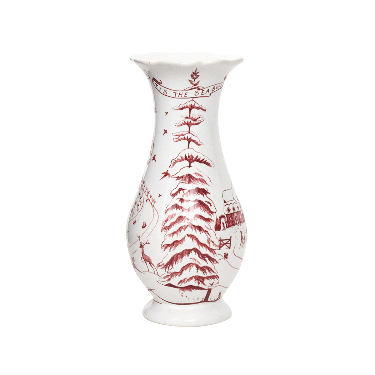 Ruby ceramic Country Estate winter frolic vase with a rounded silhouette.