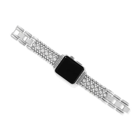 Silver-plated wide watch band with circular stud details and a fold-over clasp on a smart watch.