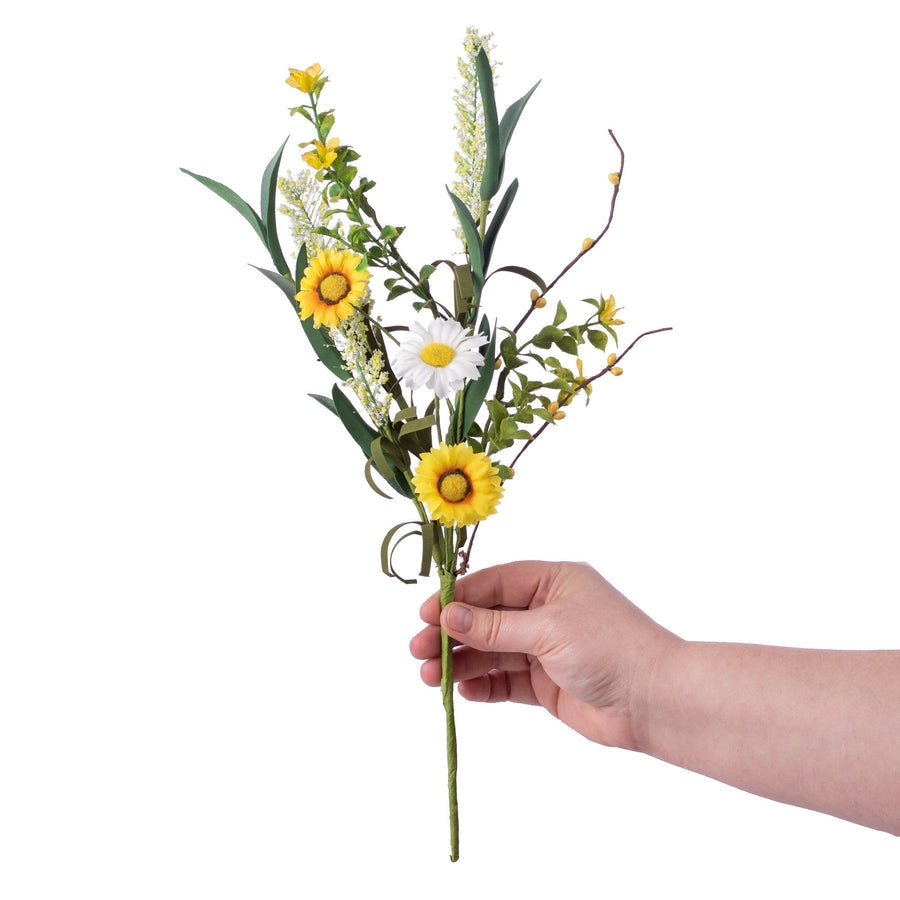 Daisy Cattail Pick floral arrangement featuring miniature sunflowers, white daisies, yellow cattails, and pips in a wired decorative section.