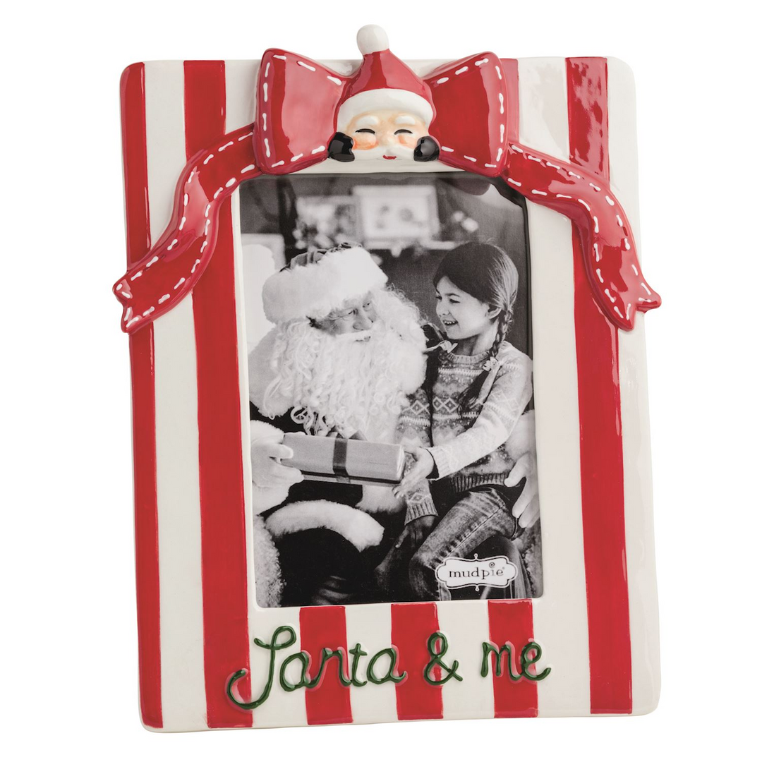 Red and white striped ceramic picture frame with a Santa bow and "Santa & me" text.