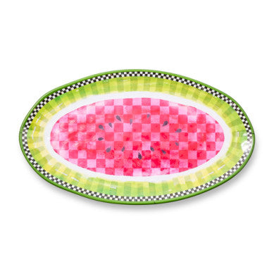 Oval melamine platter with a watermelon slice graphic on white background