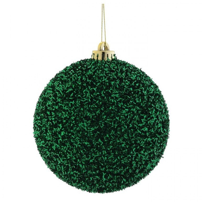 A 140mm round green tinsel ball ornament with a gold cap and hanging string.