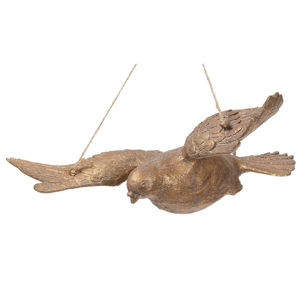 11-inch antique gold bird ornament with jute hanging strings, featuring detailed wings and tail.