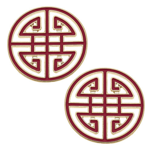 Aria Game Day Greek Keys enamel stud earrings in crimson and gold.