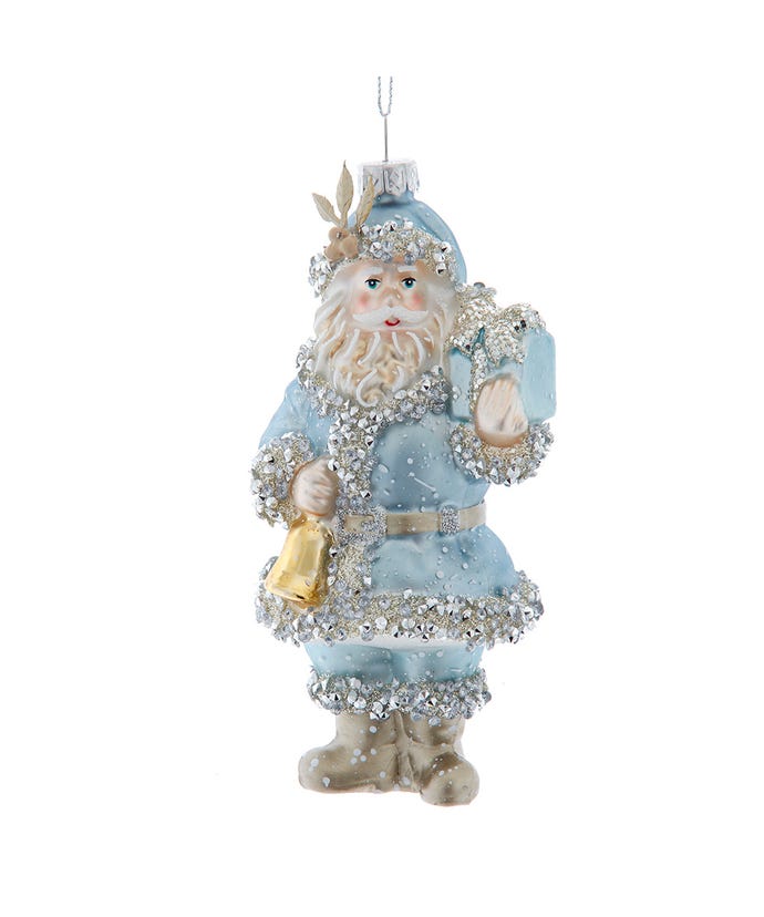 Glass Blue & Platinum Santa Ornament