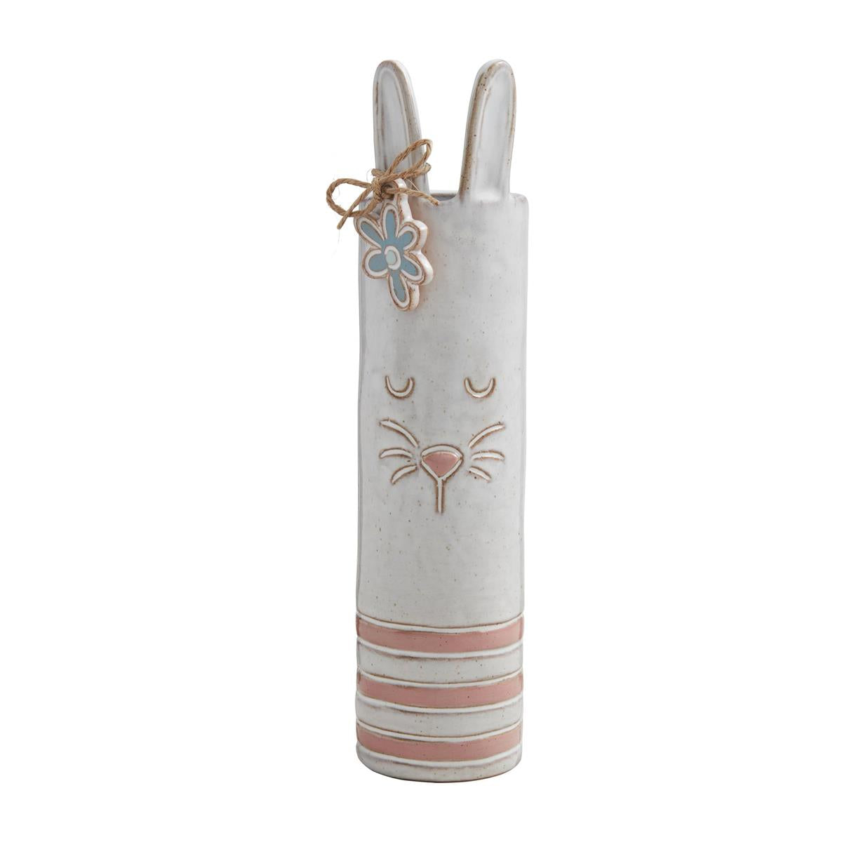 Stoneware bunny-shaped stem vase with a rounded body and long neck.