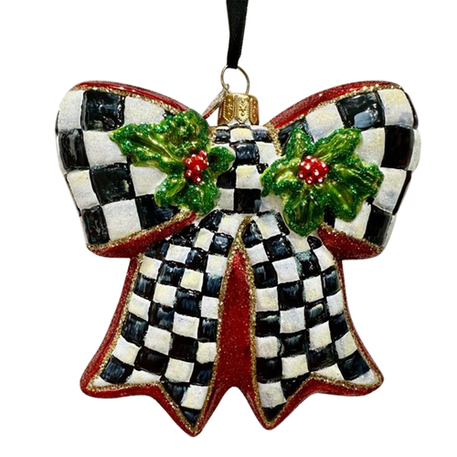 Courtly Check black and white checkered glass bow ornament with green holly and red berries.