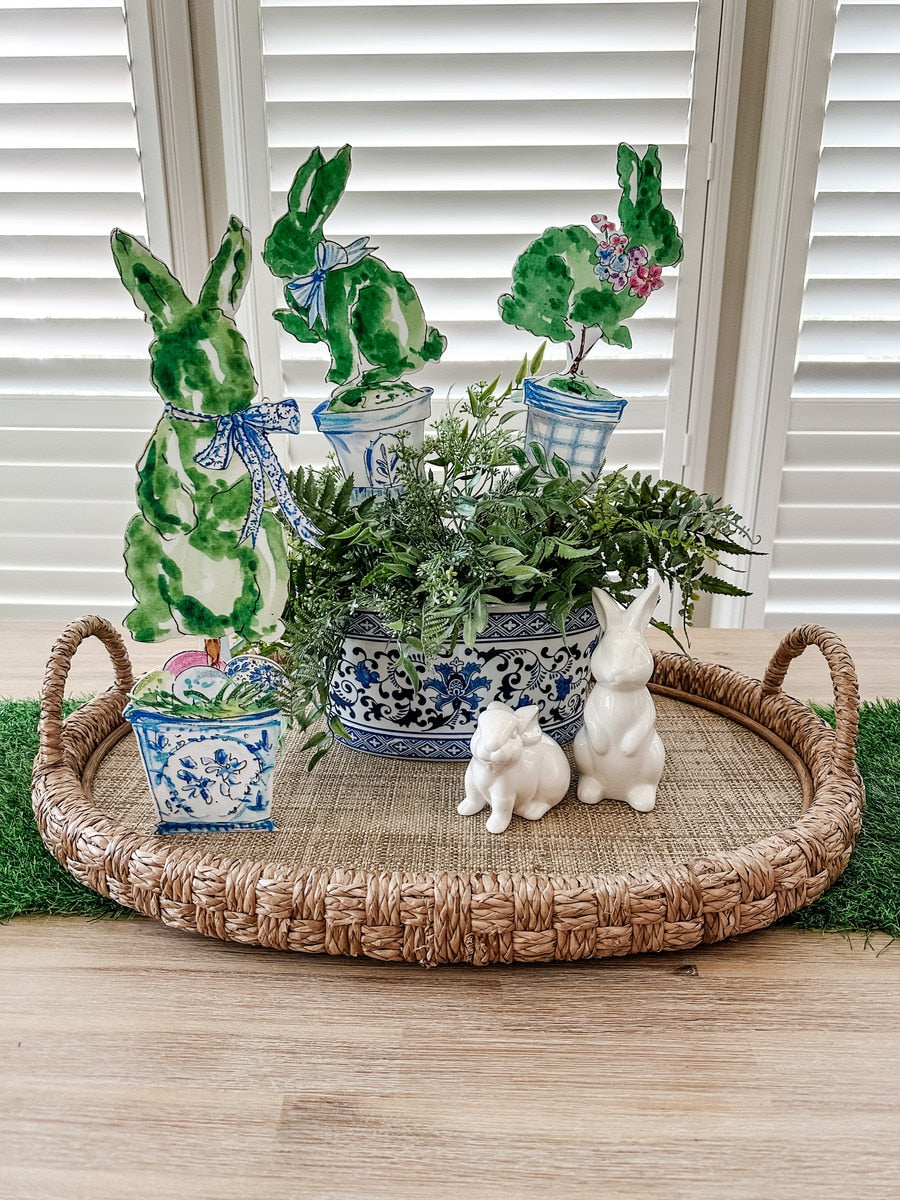 Beck's Boxwood rabbit figurine in blue pot with easel stand