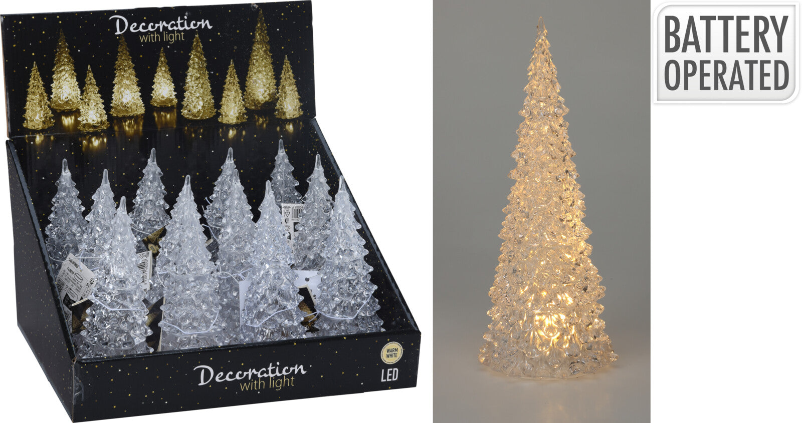 Clear acrylic Christmas tree decoration with warm white LED light, battery operated.