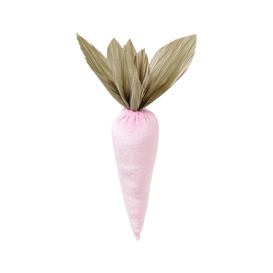 Easter Velvet Carrot plush toy in orange velvet with green leaf stem.