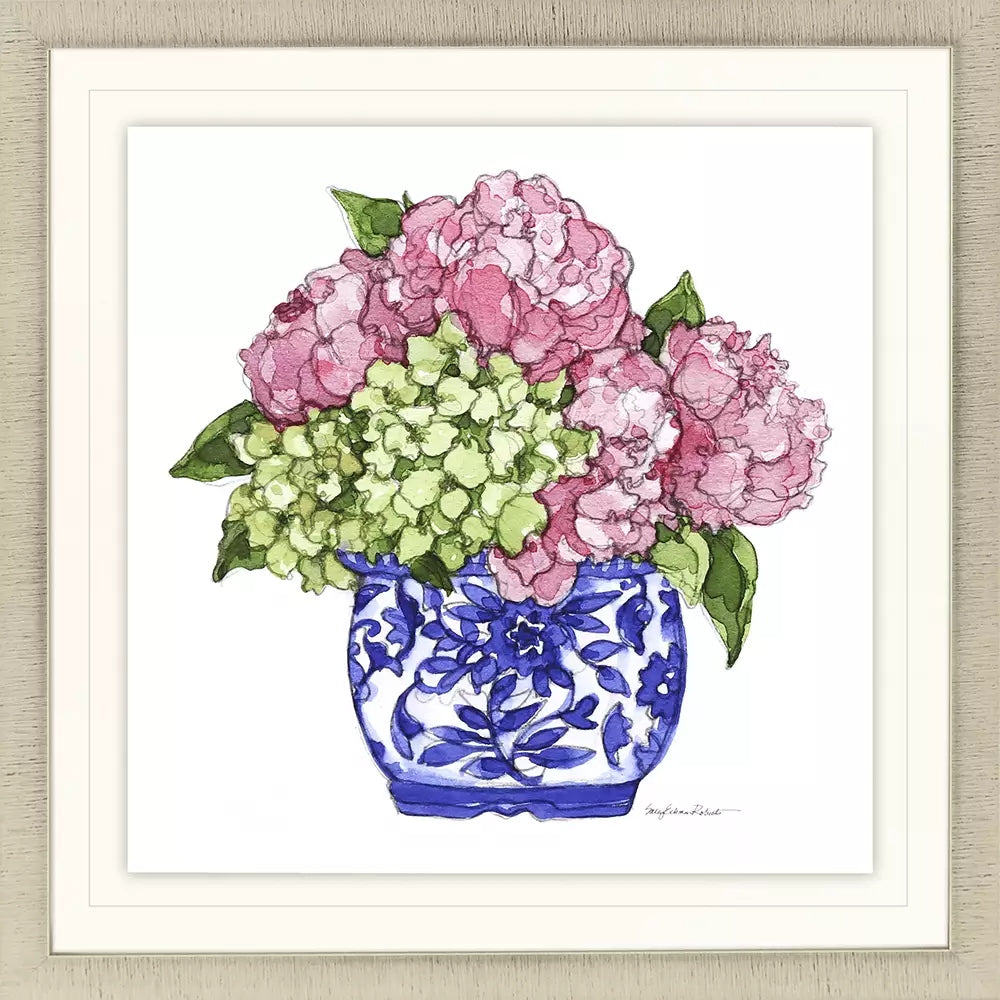 Pretty Petals framed wall art featuring pink and green hydrangeas in a blue and white ginger jar.