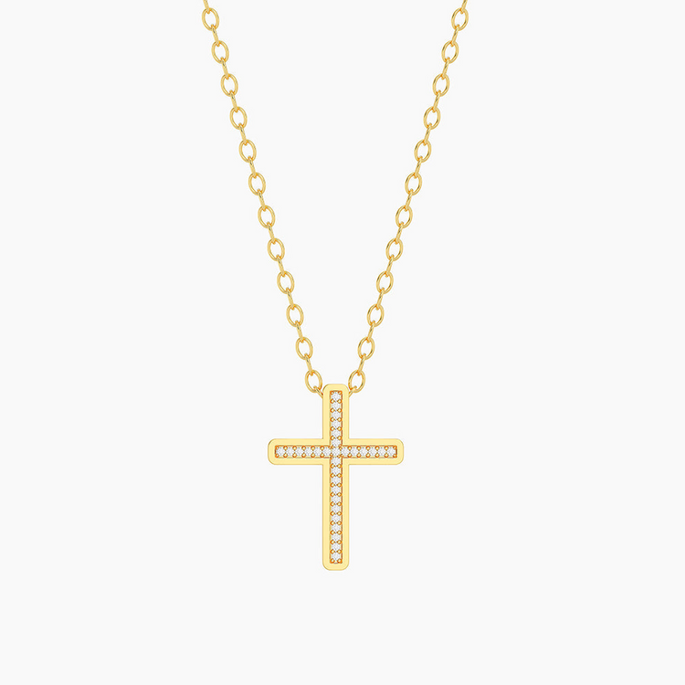 Gold-plated cross pendant necklace with small diamond accents on a delicate chain.