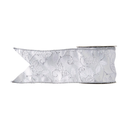 4 inch wide white wired ribbon with silver embroidered holly and scroll patterns on a 10 yard spool.