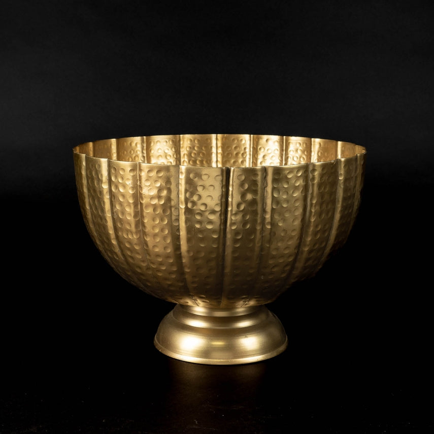 Gold hammered aluminum pedestal bowl with grooved detailing