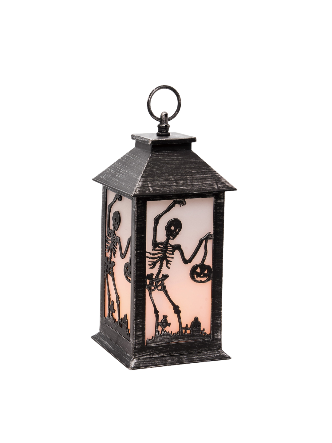Black plastic Halloween lantern with dancing skeleton silhouettes and a warm orange glow.