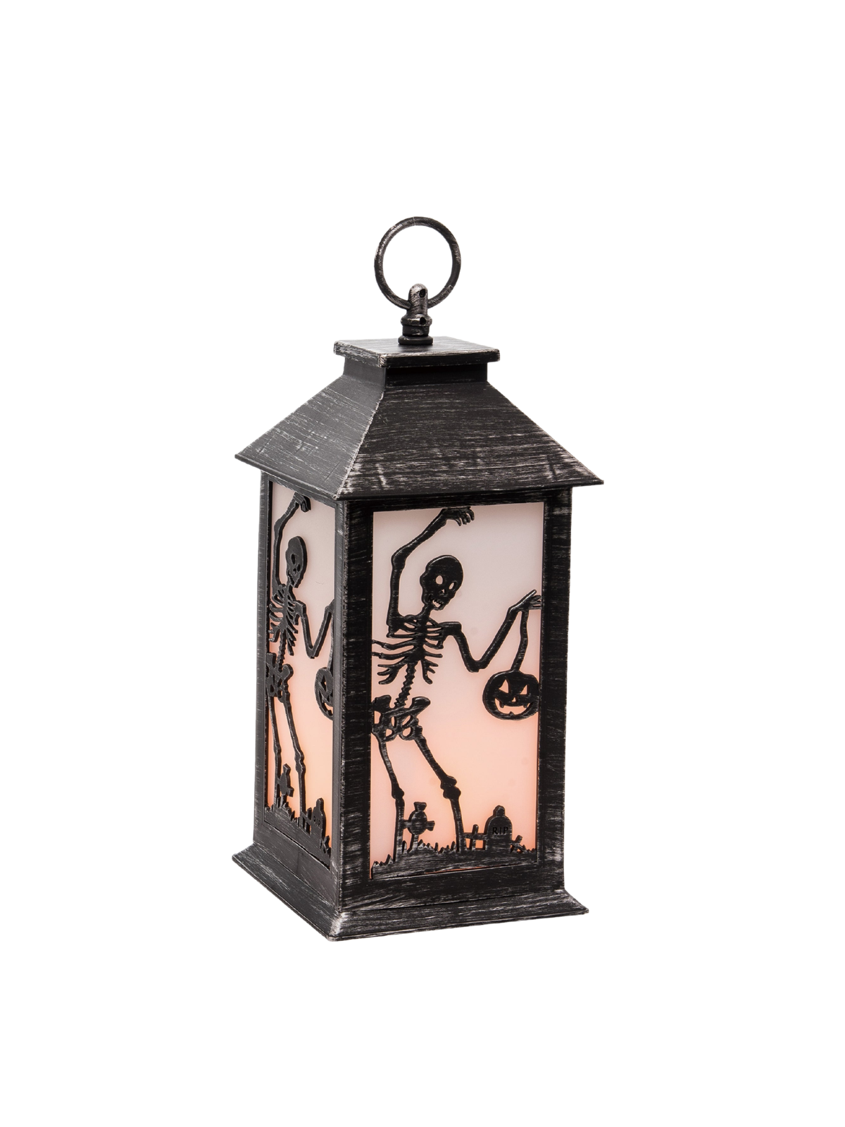 Black plastic Halloween lantern with dancing skeleton silhouettes and a warm orange glow.