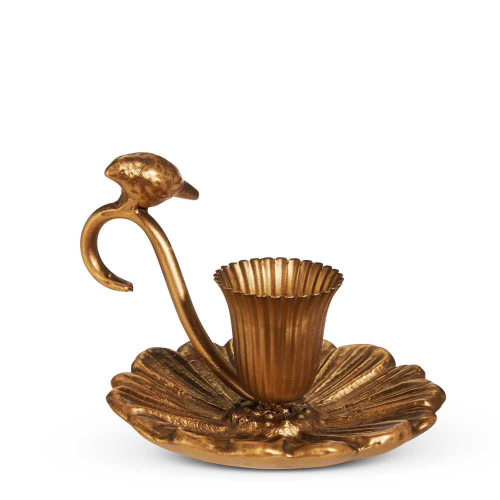 Gold iron taper candlestick with a bird-shaped top on a tapered stand.