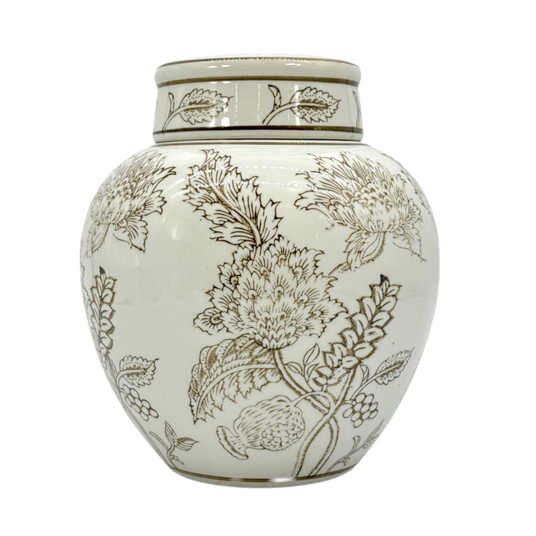10-inch white ceramic urn style jar with brown chinoiserie floral pattern and matching lid.
