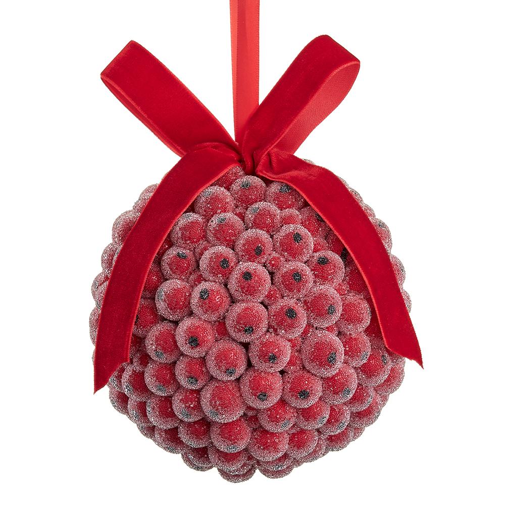 4.75-inch red iced berry orb ornament with a red velvet bow and hanging ribbon.