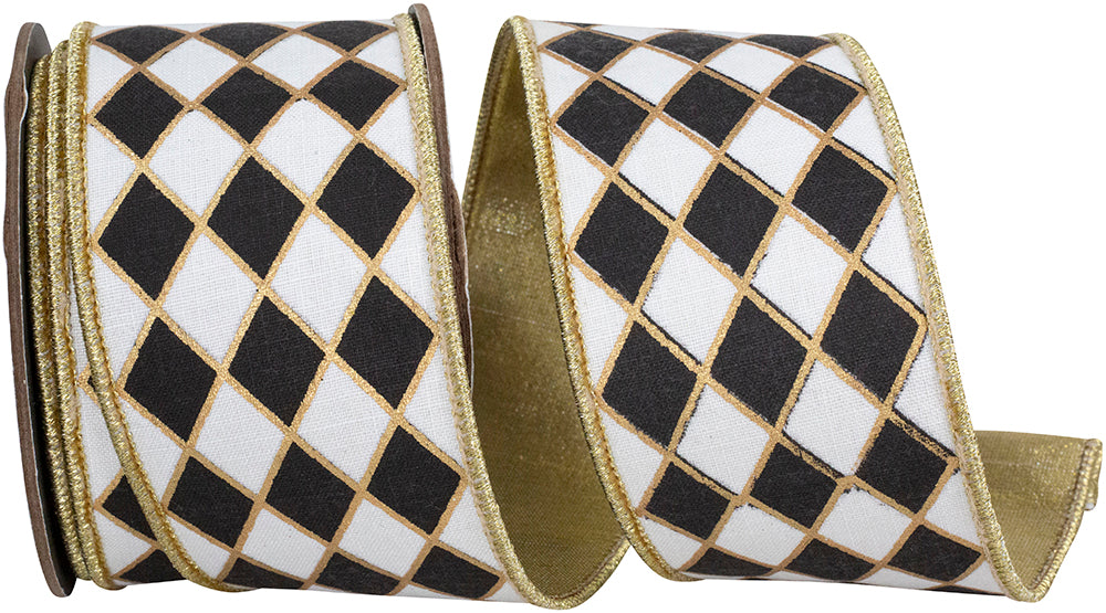 Two-and-a-half-inch metallic outline deluxe wired edge ribbon made of polyester.