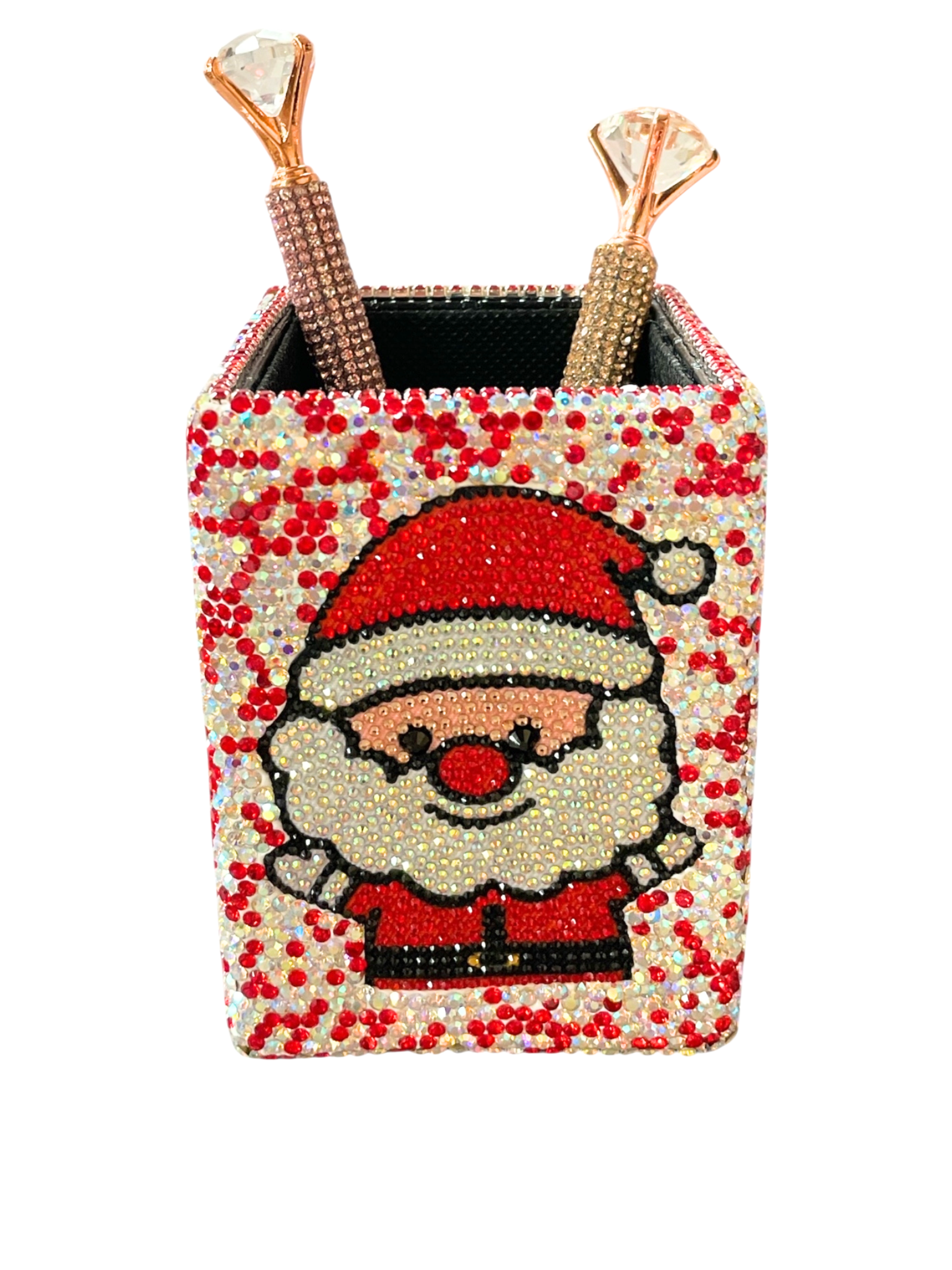 Sparkly rhinestone pen holder featuring a Santa Claus design with two diamond-topped pens inside.