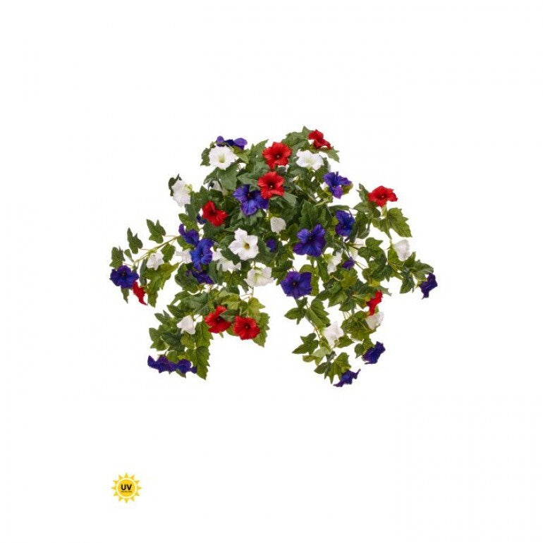 Hanging petunia plant with red, white, and blue flowers in a 26-inch pot.