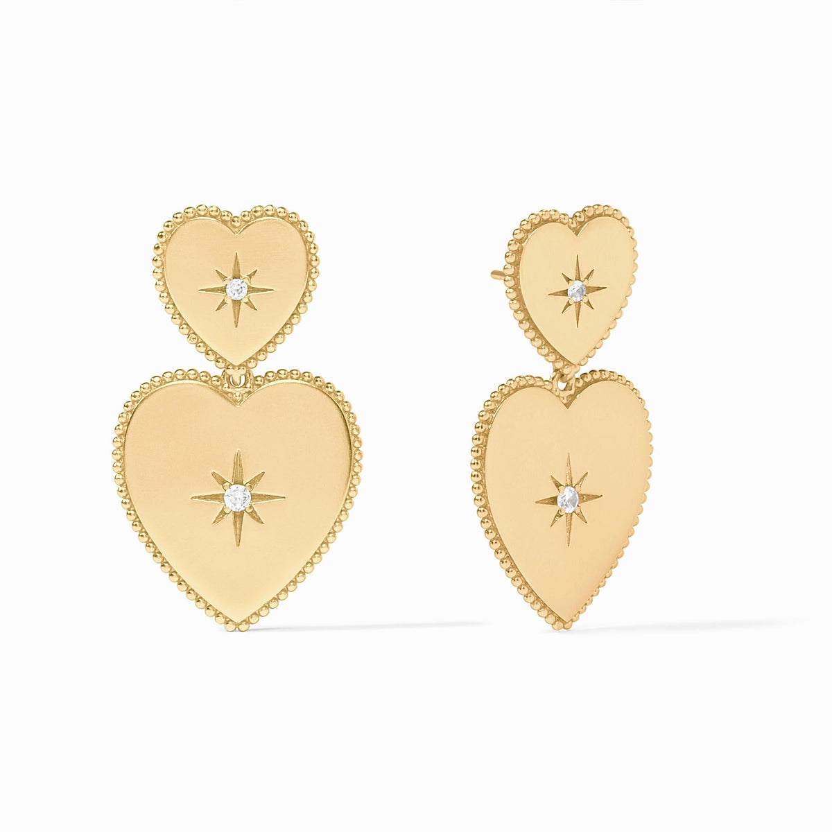 Gold heart statement earrings with beaded edges and starburst cubic zirconia accents.