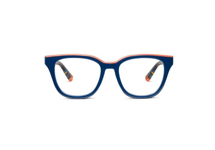 Trapeze Progressives blue and orange cat-eye frames with multi-colored patterned temples.