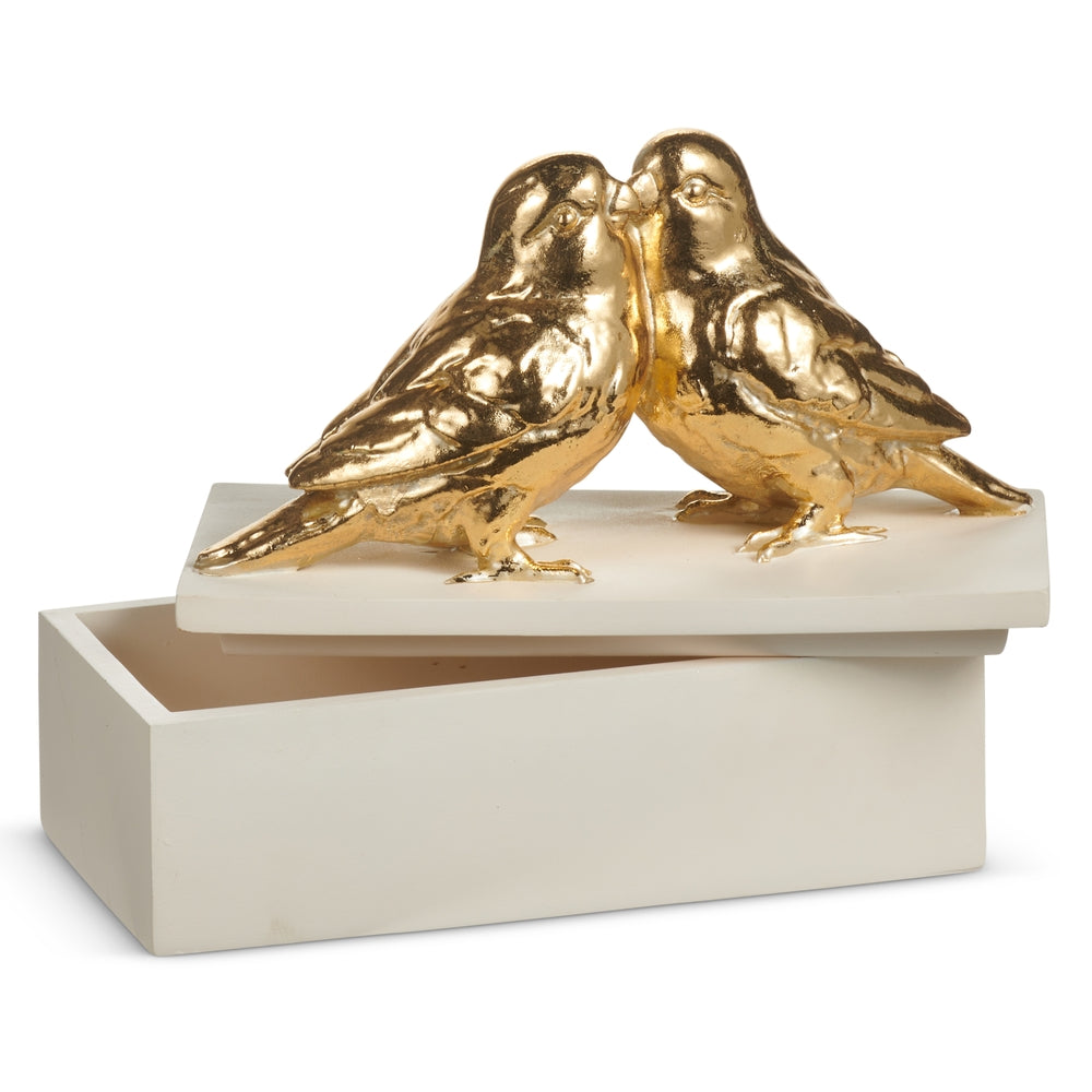 Gold polyresin decorative box featuring white bird silhouettes on the lid.