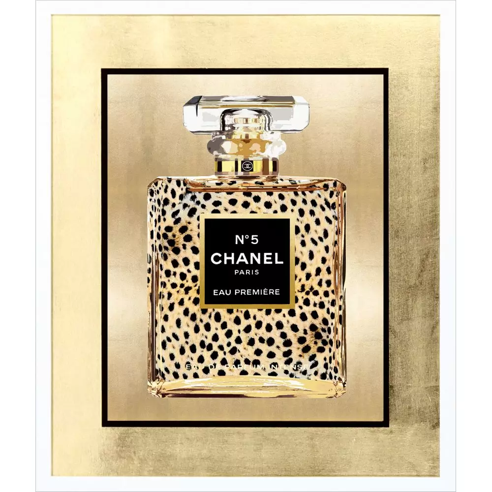 Wild Perfume-I wall art featuring a leopard print Chanel No. 5 bottle on a gold background.