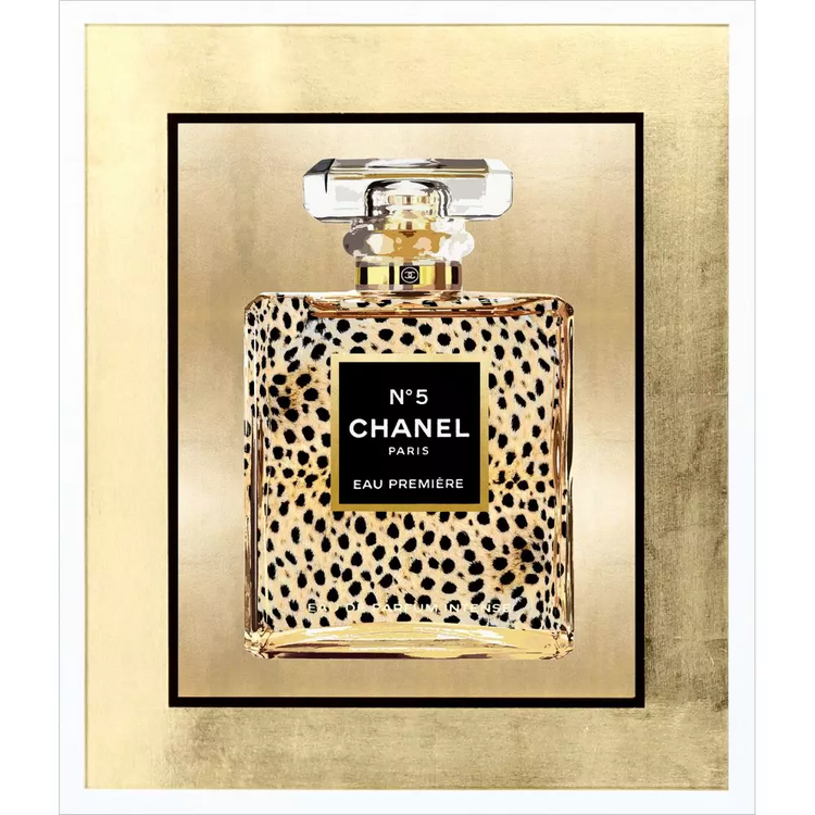 Wild Perfume-I wall art featuring a leopard print Chanel No. 5 bottle on a gold background.