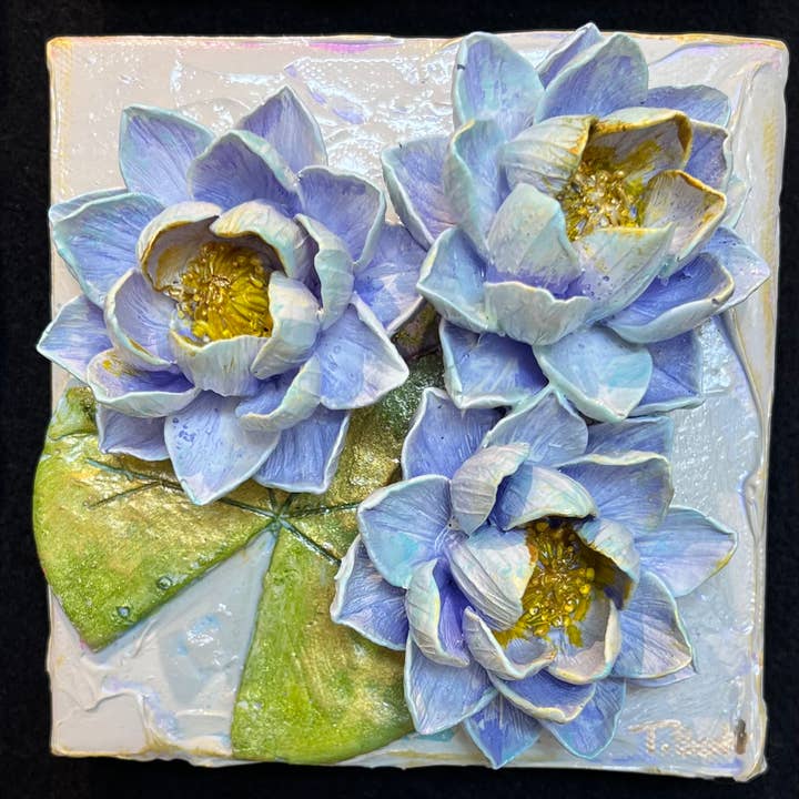6x6 inch square clay artwork featuring a floral bouquet relief with earthy tones and organic silhouette.