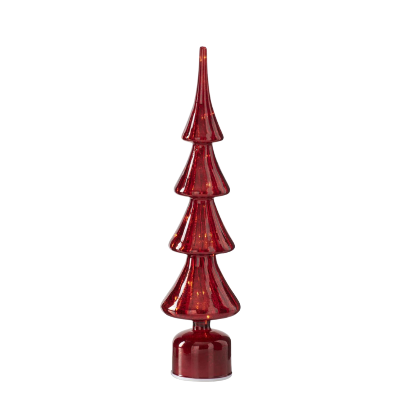 Rotating ribbed red mercury glass LED Christmas tree with four tiers on a cylindrical base.