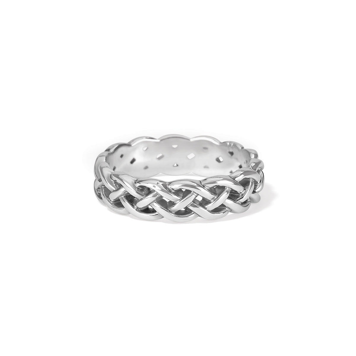 Silver plated Interlok braid ring with a braided texture pattern.