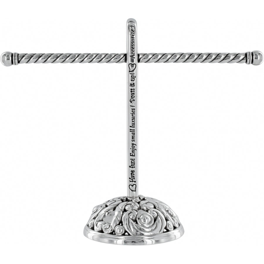 Silver-plated Accessorize Bracelet Tree with a twisted horizontal bar and decorative floral base.