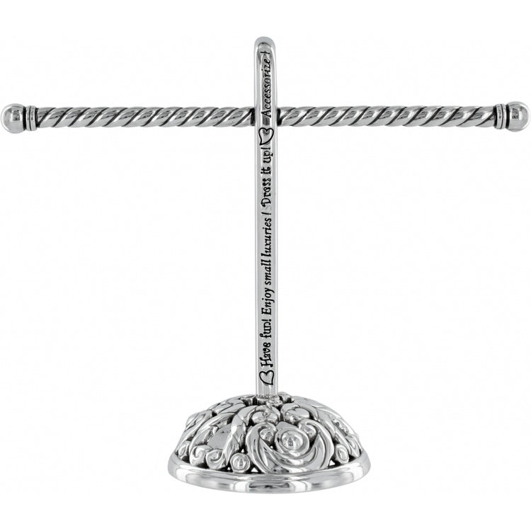Silver-plated Accessorize Bracelet Tree with a twisted horizontal bar and decorative floral base.