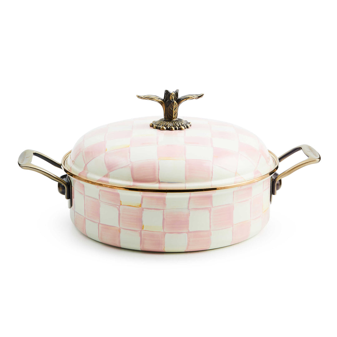 Rosy Check 5 Qt. Casserole with pink and white hand-painted checks and a brass-finished bird knob.