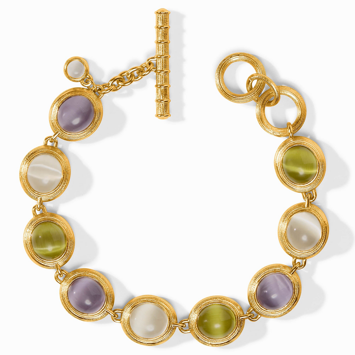 Gold-plated Cobblestone Tennis Bracelet with purple, green, and white glass stones and toggle closure