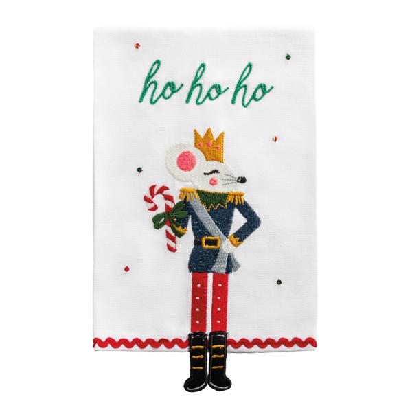 White Christmas hand towel with an embroidered mouse nutcracker, 'ho ho ho' text, and dangle legs.