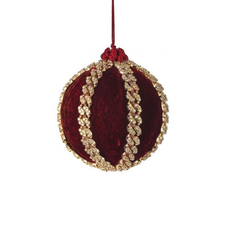 4-inch burgundy velvet ball ornament with vertical gold jeweled bands and a hanging string.