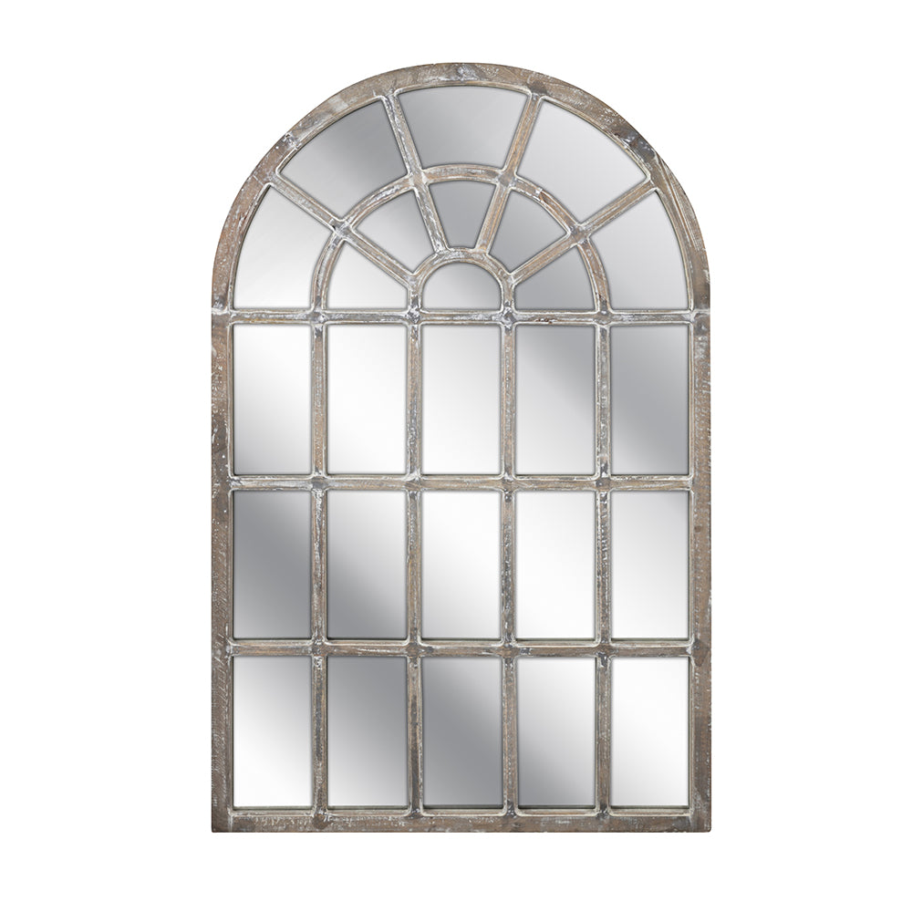 Rectangular window mirror with a mango wood frame featuring natural grain texture.