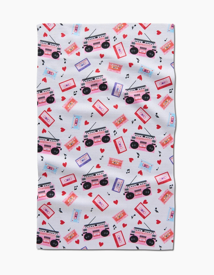 Recycled polyester waffle weave kitchen tea towel with single-sided print.