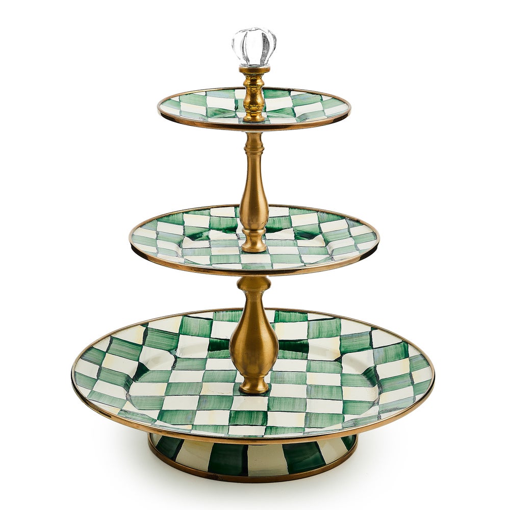 Three-tier steel sweet stand with emerald checkered hand-painted pattern on bronzed stainless rim and glass knob.