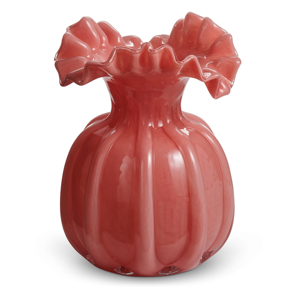 Pink glass vase with ruffled rim detail
