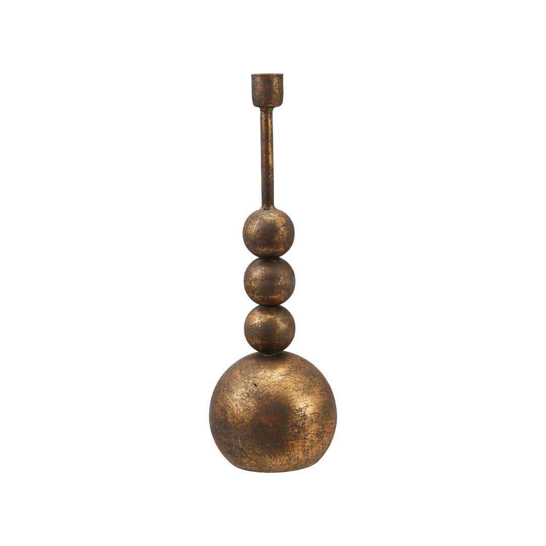 Antique gold iron taper candle holder featuring a sculptural stacked ball design.