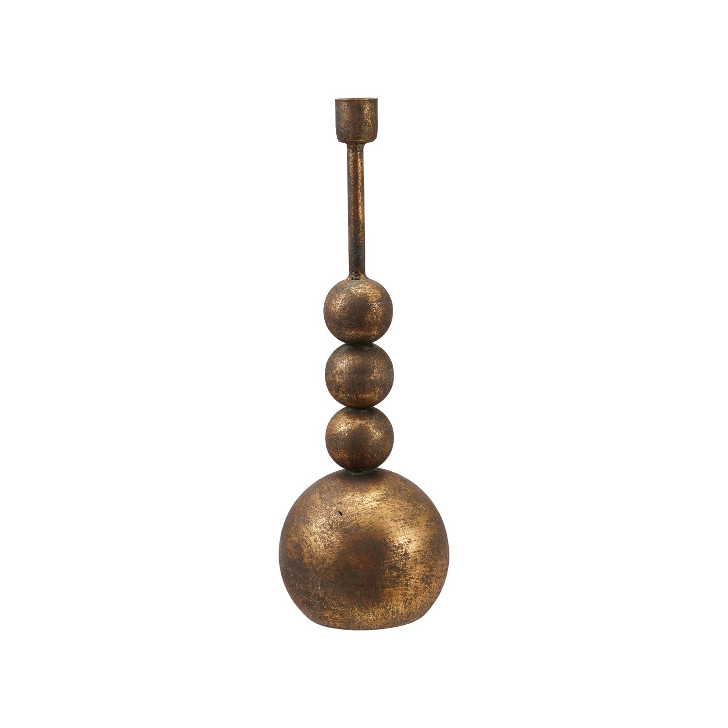 Antique gold iron taper candle holder featuring a sculptural stacked ball design.
