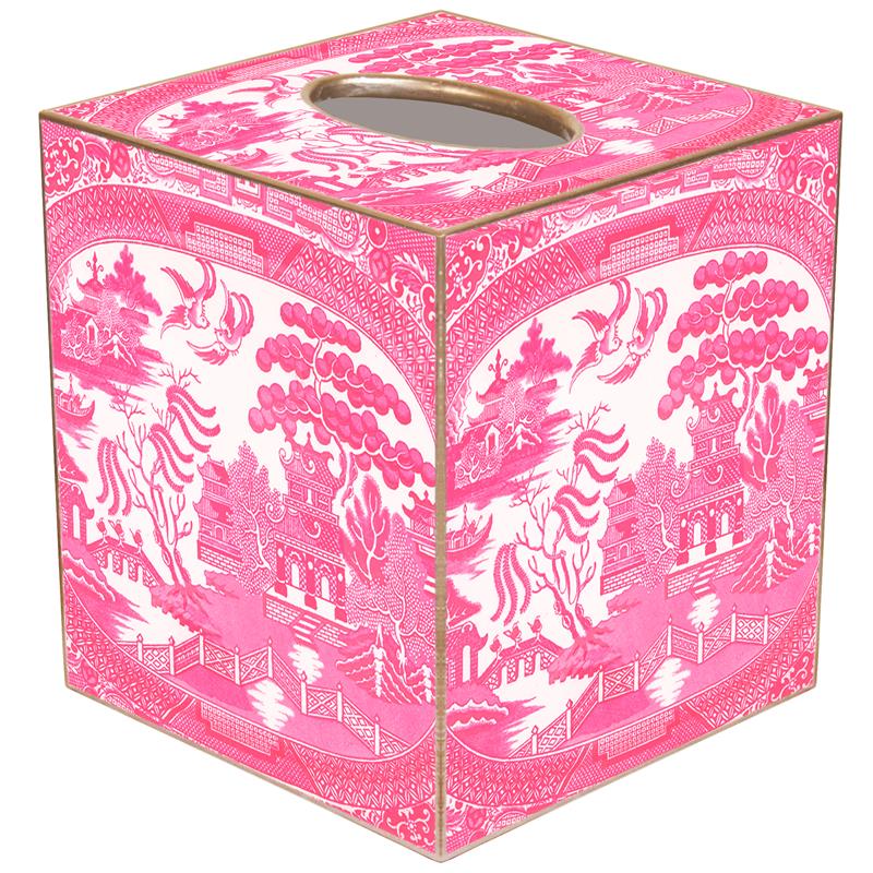Hand-cut paper mache tissue box cover with gold-painted edges.