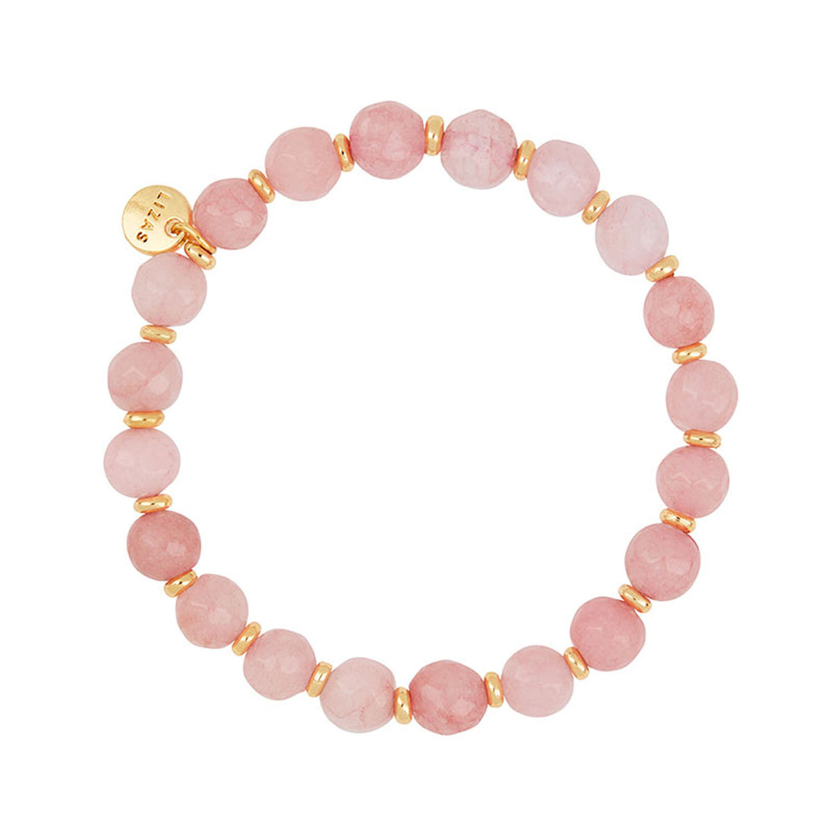 Lizas Beaumont Natural Bracelet featuring pink stone beads and gold-toned spacers with a logo charm.